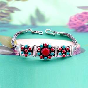 กำไลข้อมือของขวัญงานแต่งงานสีเทอร์ควอยซ์คอรัล เงินแท้ 925 ประดับพลอยหลากชนิดธรรมชาติ ชุบทอง สำหรับเธอ - Product Image 3