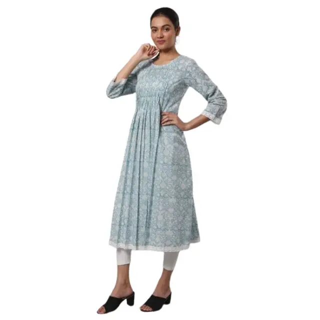 Trending 2024 Blauwgroen Lange Kurti Met Zakken Indiase Bruidsmeisjes Jurk Cadeau Voor Haar Geplooide Top Met Kanten Zomerjurk India