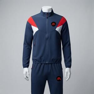 Conjunto Deportivo Azul Marino para Hombre, Chaqueta Deportiva con Cierre Completo, Pantalones Jogger, Ropa Deportiva con Bloques de Color Rojo y Blanco, Ropa Deportiva para Entrenamiento, Gimnasio, Fitness - Product Image 1