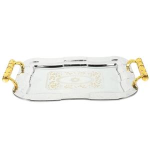 Plateau de service de haute qualité, forme et taille personnalisées, avec poignées dorées, plateau en acier inoxydable, disponible chez Rana Overseas Inc - Product Image 1