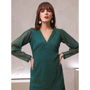 มินิเดรสทรงเข้ารูป & ทรงบานสำหรับผู้หญิงชุดเดรสคอวีแขนพองสีล้วนชุดปาร์ตี้ผ้าโพลีเอสเตอร์ - Product Image 6