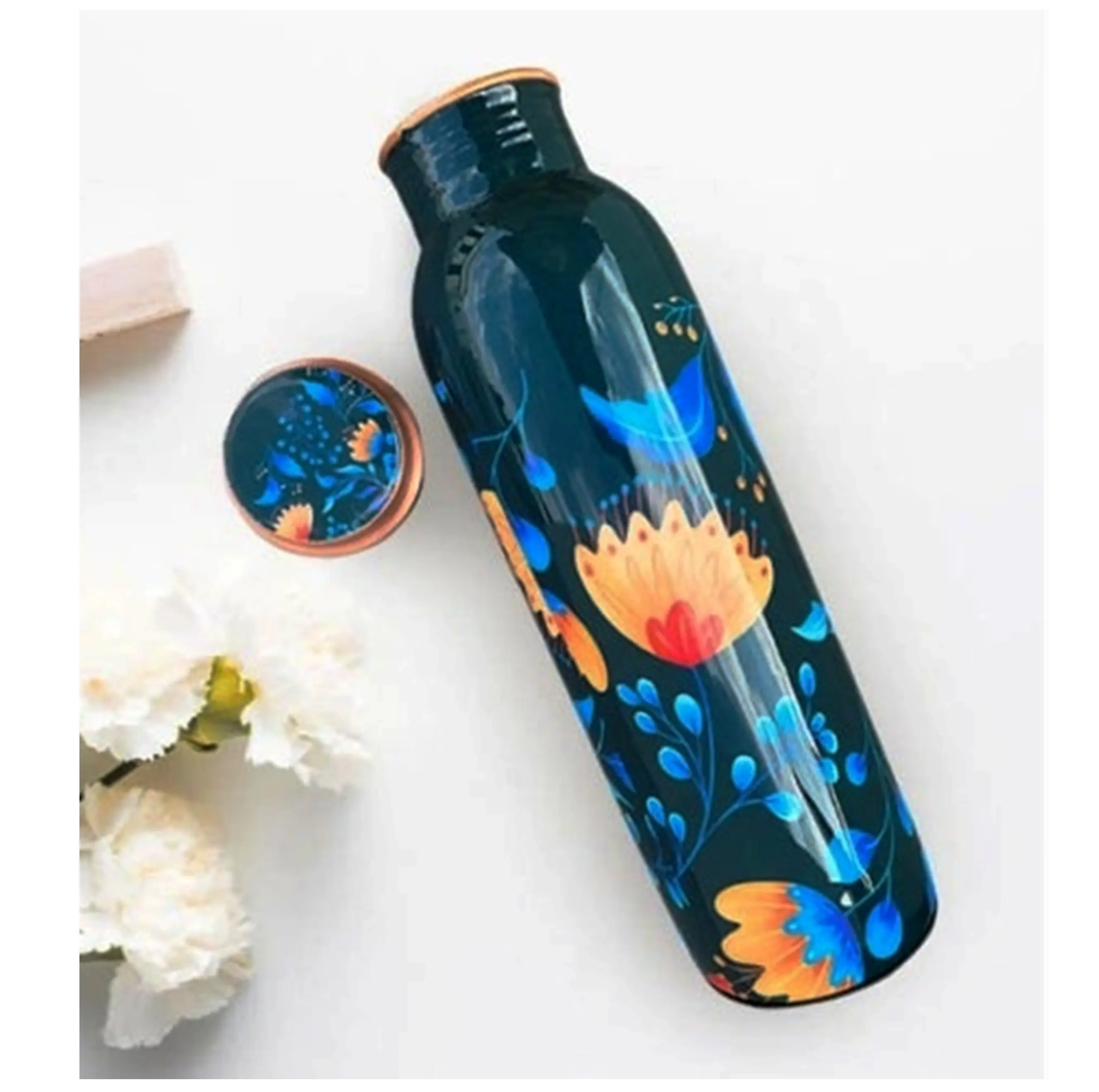 Comprar botella de cobre puro flor impresa botellas botella de agua de cobre tradicional regalo hecho a mano personalizado artesanía de Moradabad