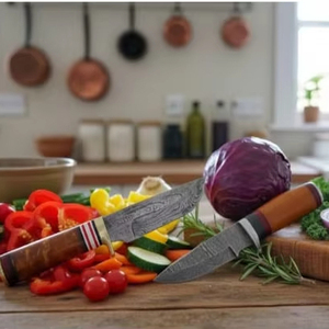 Couteau léger ambidextre à lame fixe en acier au carbone fait à la main, avec fourreau en cuir et manche en bois personnalisé, pour une utilisation en cuisine - Product Image 1