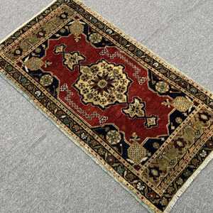 Turkish Rug, Small 1.7x3.2 ft Vintage Rug, <b>Red</b> Blue Plants & trees <b>Wool</b> Rug - Product Image 4