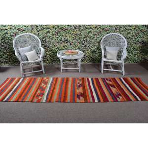 พรมวินเทจขนาด 2.8x10.4 ฟุต, พรมวิ่งสไตล์ตุรกี, พรมลายกราฟิกสีส้มน้ำเงิน - Product Image 3