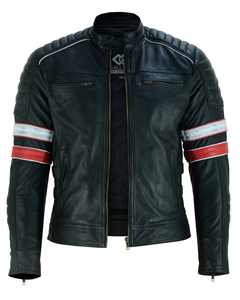 Veste en cuir noir Cafe Racer personnalisée OEM avec design rayé rouge et blanc Veste de motard pour hommes OEM - Product Image 1