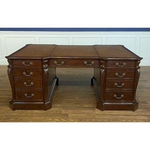 Mahogany Brown Leather Executive Partners Desk Two-Sided <b>Lockable</b> Rectangular 1-Year Warranty - Product Image 2