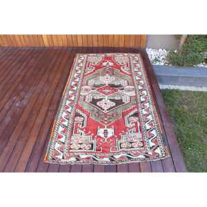 3.5x6.46 ft Rug, Vintage Turkish Accent Rug, <b>Red</b> <b>Wool</b> Rug - Product Image 1