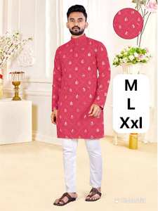 Hombres de calidad de exportación elegante étnico Kurta rojo bordado desgaste del partido Kurta con pijama blanco disponible en desgaste del festival - Product Image 6
