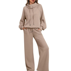Ensemble de survêtement décontracté deux pièces pour femme : sweat-shirt à col montant et manches longues et pantalon de détente à jambes larges, couleur unie confortable - Product Image 1