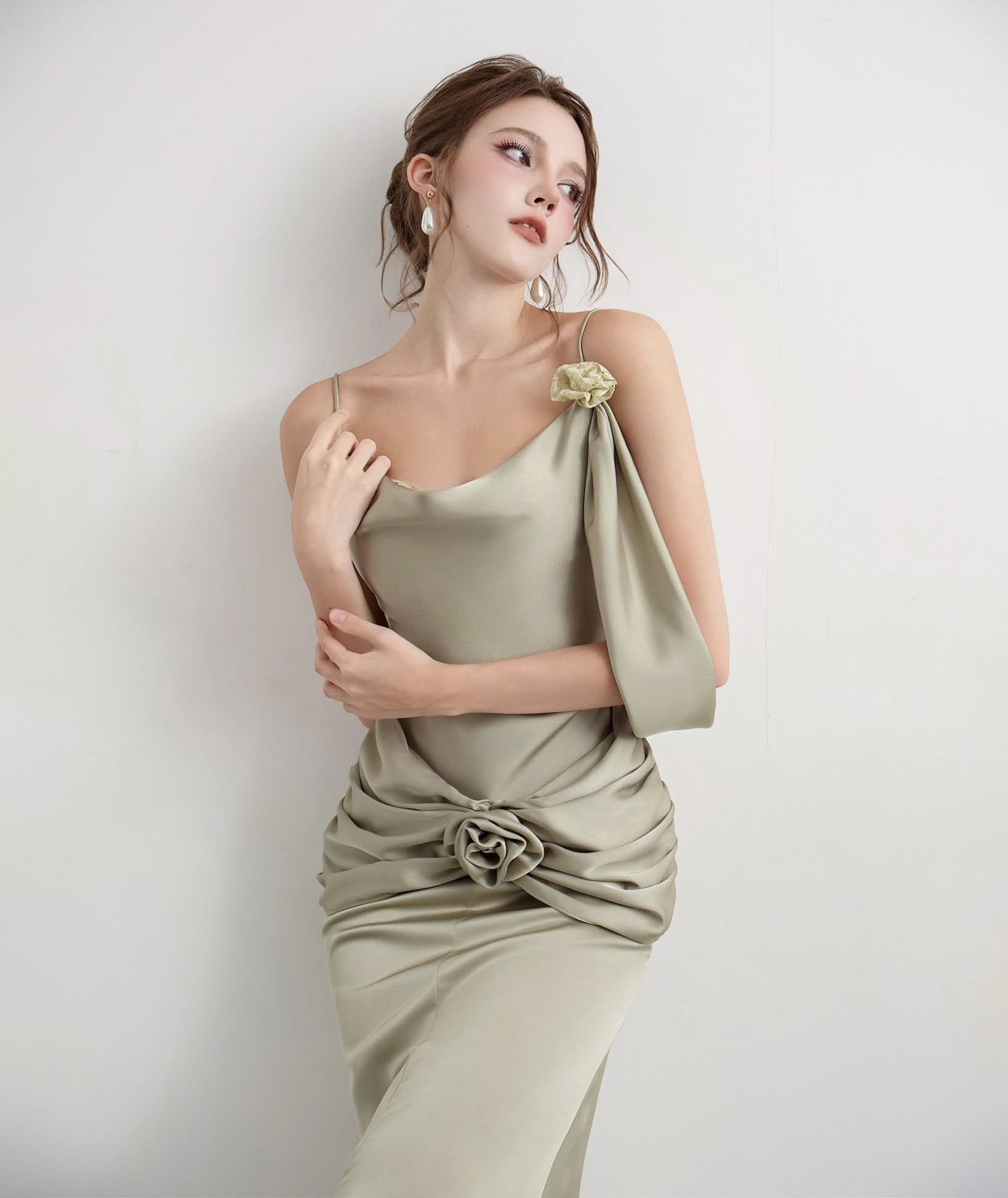 light olive green satin dress Elegant Olive off-the-shoulder silk maxi dress XL / 10 / Olive