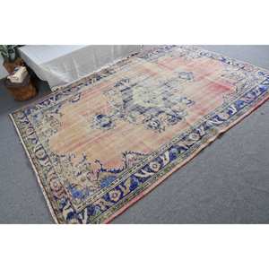 Alfombra turca vintage clásica beige azul 5,9x8,5 pies lana hecha a mano respaldo de látex diseño de retazos estilo Tabriz para adolescentes - Product Image 2