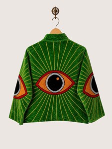 Chaqueta Verde de Terciopelo con Bordado Bohemio de Ojos, Cuello Mandarín, Manga Larga, Estilo Linterna, Prenda Exterior Casual para Mujer, Otoño - Product Image 2