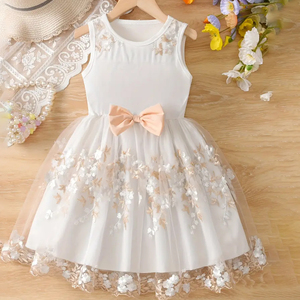 Robe d'été en tulle teint uni imprimé pour filles avec nœud 3D sans manches, col montant, tissu en tricot de polyester longueur genou - Product Image 1