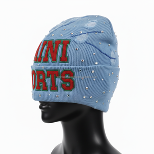 Bonnet d'hiver pour femmes GSM Acrylique Tricot Bleu clair Style vieilli Strass Logo personnalisé Broderie jacquard Bonnet - Product Image 4