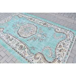 Tapis en laine turque vintage 5.5 x 8.7ft bleu gris surdimensionné zone de tissage plat Patchwork motif Latex pour décorations de salon - Product Image 4