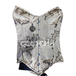 Corset vintage en satin sublimé à imprimé cartographique avec fermeture à agrafes sur le devant - Product Image 1