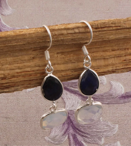 Pendientes de aros de Plata de Ley 925 con piedra lunar arcoíris natural y ónix negro a precio de fábrica - Product Image 5