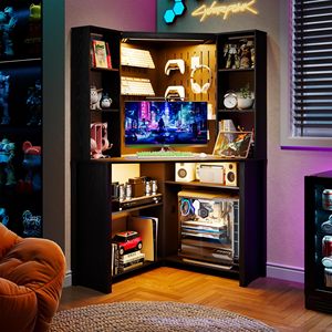 Escritorio de Computadora Esquinero Negro Moderno con Luces LED, Escritorio para Juegos <span class=keywords><strong>en</strong></span> Forma de L con Estantes de Almacenamiento y Panel Perforado para Espacios <span class=keywords><strong>Pequeños</strong></span> y Oficina <span class=keywords><strong>en</strong></span> Casa - Product Image 2