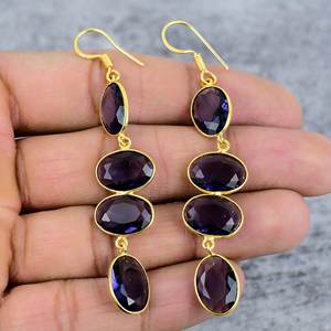 Boucles d'oreilles pendantes en améthyste violette avec quatre pierres précieuses en argent sterling 925 avec placage à l'or - Product Image 2