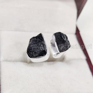 เครื่องประดับหินหยาบแหวนสตรีอัญมณีทัวร์มาลีนธรรมชาติสีดำหินประจำเดือน925แหวนเงินสเตอร์ลิง - Product Image 2