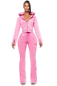 Acid Wash Distress Embroidery Patch Slim Fit Sweatsuit Flare Sweat Suit Women Two Piece <b>Pullers</b> Wholesale Sweat Suits - Product Image 3