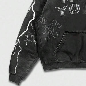 Sudadera con capucha de gran tamaño con estampado cruzado y letras de diamantes de imitación de alta calidad para hombre-Sudadera con capucha lavada con hombros caídos regulares para hombre - Product Image 5