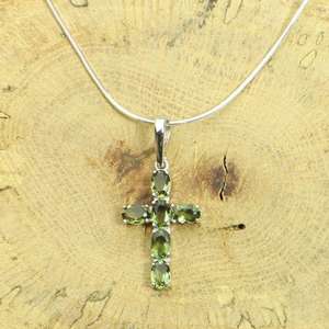 Vintage Gold Plated <b>Sterling</b> <b>Silver</b> Moldavite <b>Cross</b> Necklace with Authentic Green Tektite Oval <b>Pendant</b> Chain and Certificate - Product Image 5