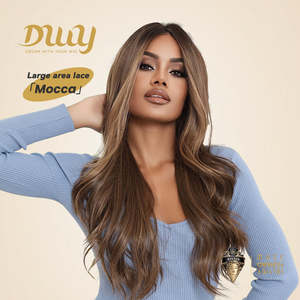 Mocca-DWY 136 <b>Long</b>-Length Wavy Brown Synthetic <b>Wig</b> with Light Brown Lace Free Part and Highlights <b>Long</b> Curly Style - Product Image 1