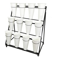 Présentoir de fleurs en métal avec 16 seaux à fleurs Support pour plantes à 4 niveaux avec chariot à 4 roues pour jardinière intérieure et extérieure avec support