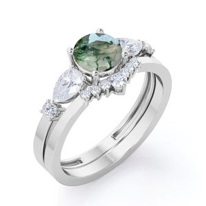Anillo de Boda Clásico Art Deco con Ágata Verde Musgo de Corte Redondo de 0.8 Quilates, Plata de Ley 925 para Mujer - Product Image 1