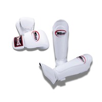 Ensemble de gants de boxe et protège-tibias Top Trend Twins Muay Thai à fermeture auto-agrippante en cuir de vachette véritable bleu pour l'entraînement et le sparring MMA