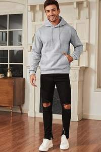 Winter Fleece-Lined <b>Men's</b> Solid Color Pullover Hooded Sweater Pants Printed Logo Fashion Hoodie Sweat Suit - Product Image 2