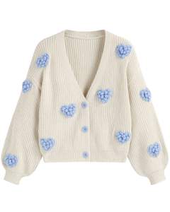 Manufacturer Custom Women White Knit <b>Cardigan</b> Sweater <b>With</b> Light Blue Heart Applique V Neck Button Front Cute Winter Fashion Top - Product Image 1