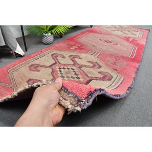 Alfombra de área de lana turca Vintage, diseño de retazos rojo y Beige, técnica de tejido plano de 3,4X10,6 pies para decoraciones de sala de estar - Product Image 3