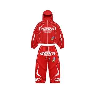 SAINTAGE <b>Red</b> Hooded Tracksuit Set Full Zip Sporty Jacket Elastic Waist Pants Unisex Adults Spring Quick Dry Polyester <b>Suit</b> - Product Image 2