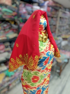 Multicolor Fransawi Dirac with <b>Red</b> Embroidered Shawl | Premium Somali Traditional Wedding Dress - Product Image 2
