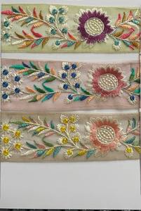 Custom Made <b>Gold</b> Zari Embroidered <b>Ribbons</b> & Laces Organza Fabric in Two Colours for Wedding Dresses Various Designs - Product Image 5