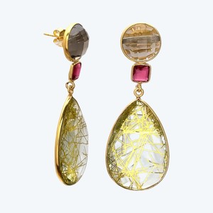 Pendiente de Plata de Ley 925 chapado en oro de 18 quilates, pendiente de rutilo amarillo ahumado y turmalina para mujeres y niñas - Product Image 4