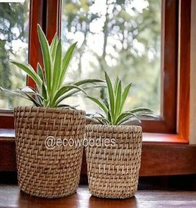 Artificial Flower Plant Pots Seagrass Woven Eco-friendly Handcrafted <b>Storage</b> Belly Baskets Set 2 Boho Decor Modern Simple Home - Product Image 6