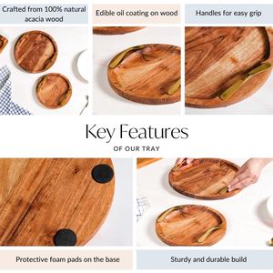 Natural Acacia Wood Round Serving <b>Tray</b> with <b>Gold</b> Metal Handles Decorative Wooden Pizza Board Platter for Food Fruit Coffee Table - Product Image 6