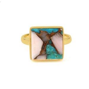 Women's Fine Jewelry-Solid 925 Sterling Silver 18K Gold-Plated Mohave Turquoise Pink <b>Opal</b> Copper Square 12mm Bezel Setting <b>Ring</b> - Product Image 1
