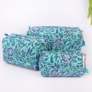 Conjunto de bolsa de maquillaje de algodón con cremallera acolchada para mujer de 3 piezas ecológica, bloque resistente al agua, almacenamiento de cosméticos impreso para boda - Product Image 4