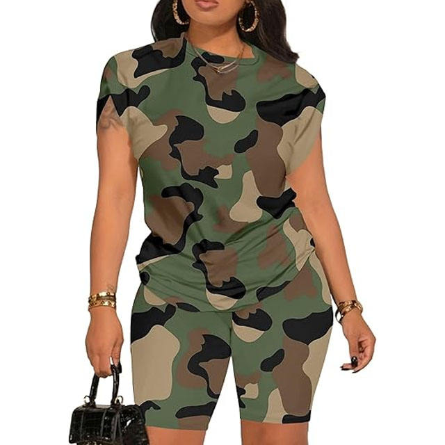 Women's Fashionable Camo Style Shirt Shorts Sets For Casual Wear Outdoor Activities Winter Season Mesh Button Ripped 2pcs
