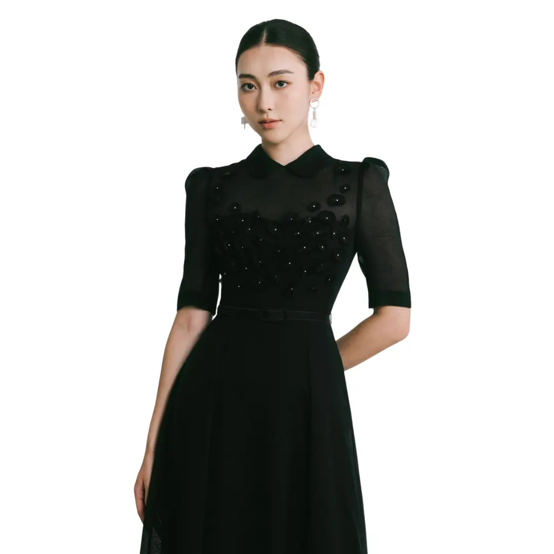 Ready To Ship Best Selling RIA CIRCLE Detail Mid Dress For Women Sheer Triacetate Elegant Casual Dress With Flared Shape