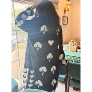 Velvet Embroidered Long Jacket <b>Black</b> <b>Hearts</b> Pattern Reversible Detachable Floral Zipper Closure Stand Collar Vintage Logo Line - Product Image 2