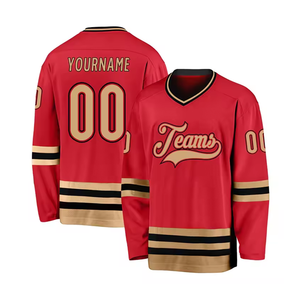 Maillot de hockey sur glace personnalisé bleu ciel, rayures rouges et blanches, col en V, logo des équipes sublimé, sans manches, unisexe, confortable, 100% polyester - Product Image 3