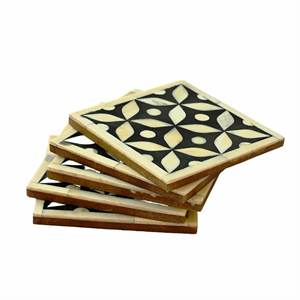 Premium Hand Engraved Wooden Custom <b>Wood</b> Coaster Set With Handmade Bone and Brass Inlay Made in India - Product Image 3
