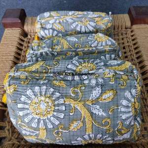 Bolsa de gasa de viaje cosmética acolchada reutilizable de algodón con estampado Floral indio hecho a mano de la mejor calidad, neceser al por mayor - Product Image 3