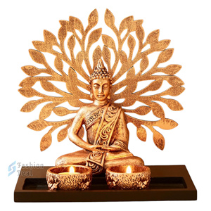 <b>Buddha</b> Idol <b>with</b> Leaf Tree Back Panel & 2 <b>Candle</b> <b>Holders</b> Resin Crafts Showpiece for Home Decor and Diwali Celebration - Product Image 5
